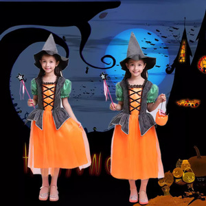 Halloween Pumpkin Dress For Girls Orange <b>Witch</b> Costume With Hat And Wand Dance Performance Costume Childrens <b>Clothing</b> Set - Product Image 1