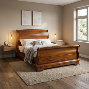 Lit en bois de noyer brun classique avec tête de lit plus haute, meubles de chambre à coucher, style antique vintage - Product Image 3