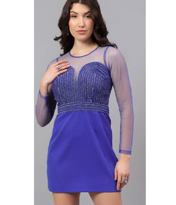 Mini-robe chic bleu indigo ornée de cristaux pour femme – Tenue de soirée audacieuse, idéale pour les boutiques haut de gamme et la mode de créateurs - Product Image 1