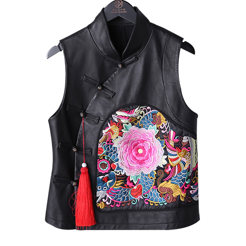 1163 Retro Chinese Style Sheep Kin Genuine Leather Tang Suit Chinese Embroidered Vest for Women