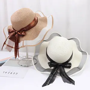 2024 신상품 여름 야외 휴가 레이디 선 파나마 모자 꽃 여자의 넓은 챙 밀짚 모자