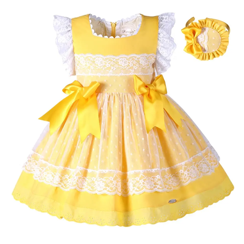 Pettigirl 2022 OEM פרח בנות שמלות מקרית בגדי סטים צהוב אלגנטי נסיכת ילדי בגדי קיץ ילדים תלבושות 2-8Y