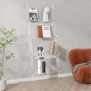 4 Tier Detachable Acrylic Ladder Bookcase Large Modern Clear Acrylic Leaning Wall Bookshelf