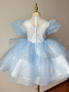 Abito Estivo Corto di Alta Qualità con Maniche a Sbuffo e Stampa di Stelle con Paillettes per Bambine, Outfit per Compleanno e Esibizioni di Pianoforte - Product Image 3