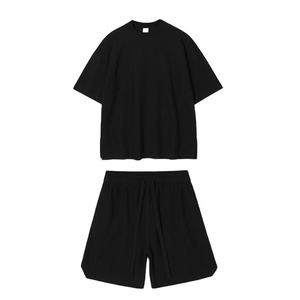 Conjunto de Dos Piezas Unisex de Algodón, Camiseta de Cuello Redondo y Pantalones Cortos con Cintura Elástica, Color Sólido, Corte Holgado, Ropa Casual de Verano - Product Image 2