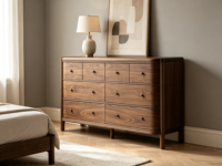 Commode à 8 tiroirs FERLY style Californie, finition bois, meuble de rangement pour chambre à coucher