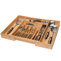 Organizador de Cubiertos Expandible de Bambú, Bandeja de Almacenamiento para Cubiertos, Organizador de Cajones de Cocina para Cubiertos, Platos y Utensilios