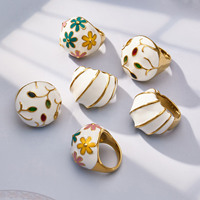 Anillo Ancho de Acero Inoxidable Chapado en Oro con Madreperla y Esmalte para Mujer, Joyería Bohemia Floral Colorida, Regalo