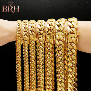 สร้อยคอคิวบันชุบทอง ขนาด 7.5-30 นิ้ว  8มม. 10มม. 12มม. 14มม. 16มม. 18มม. 20มม. 22มม. สร้อยคอคิวบันสแตนเลสสตีลสไตล์ฮิปฮอป - Product Image 4