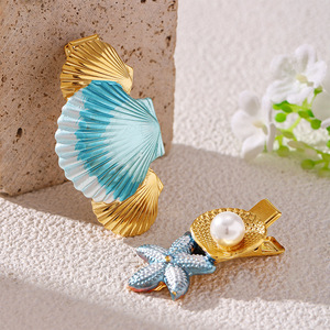 Barrettes Esthétiques Coquillage Océanique Étoile de <span class=keywords><strong>Mer</strong></span> en Acier Inoxydable Doré avec Perle, Accessoires Cheveux d'Été Plage pour Femme - Product Image 4