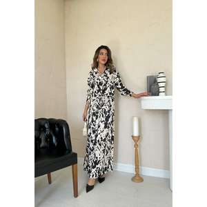 Elegante Conjunto de Traje de Crepé de Viscosa Estampado Beige y Negro para Mujer, Transpirable, Estilo Vestido Maxi de Manga Larga, Tallas Grandes, Atuendo de Moda - Product Image 4