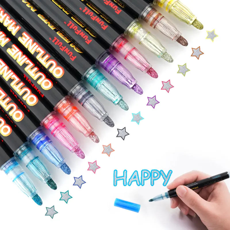 Super Squiggles 12 Colors Self Outline Metallic Marker Pen, Double Outline Markers, Glitter Marker Pens Set