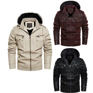 XSX542 2021 Fashion Men's Jacket PU Leather Jacket Winter Outdoor Stand Collar Removable Hood Biker Jacket