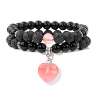 Bracelets unisexes de guérison avec breloque cœur perlée de 8 mm, perles de pierre de lave pour huiles essentielles, ensemble de bracelets de yoga, cadeau