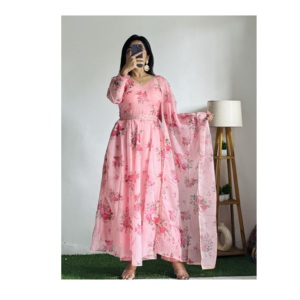 Tissu doux en soie Organa Entièrement Flair Kali Pattern et Canvas Patta avec Dupatta Set Pent Prêt à Porter Anarkali Suit - Product Image 1