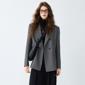Women's Wool Blazer Grey Solid Color Slim Fit Professional Workwear Autumn Winter Style - Product Image 3