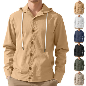 Veste décontractée à capuche pour homme, coupe ample, boutonnée, en coton et lin respirant, idéale printemps-automne, pour le commerce transfrontalier - Product Image 2