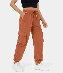 2023 High Waist Lace Up Multiple Pockets Corduroy Casual Cargo Pants For Women