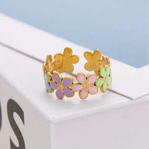 Fashion <b>Rings</b> Women's Stainless Steel 18K Gold Plated Open <b>Ring</b> Colorful Flower Pattern Party Jewelry - Product Image 4