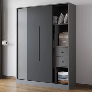 Armario de Madera Gris Grande Personalizado con Puertas Corredizas, Estante Curvo en Esquina, Cajonera, Estilo Minimalista Moderno, Independiente para el Hogar - Product Image 3