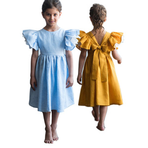 Vestido <span class=keywords><strong>de</strong></span> Lino Color Mostaza para Niña con Manga con Volantes, Vestido Tipo Pinafore <span class=keywords><strong>de</strong></span> Lino para Niñas, Vestidos <span class=keywords><strong>de</strong></span> Lino y Algodón para Niñas Pequeñas - Product Image 1