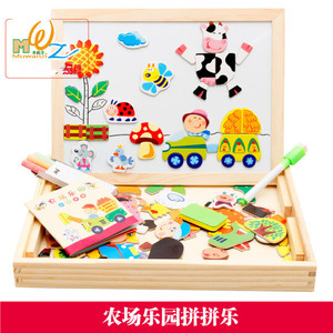 Mainan Puzzle kayu anak-anak, papan teka-teki Jigsaw dua sisi, mainan pendidikan kayu untuk balita - Product Image 2