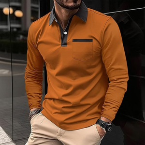 Camiseta de Manga Larga Transpirable de Punto Naranja con Estilo para Hombre, con Bolsillo Estampado, Informal y Cómoda, ODM - Product Image 5