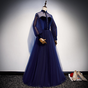 Venta al por mayor hasta el suelo cuello alto vestido de <span class=keywords><strong>fiesta</strong></span> de noche Formal con mangas largas A-line tul vestido de graduación Vestidos De <span class=keywords><strong>Fiesta</strong></span> - Product Image 4
