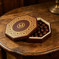 Boîte cadeau octogonale en bois foncé pour chocolats et dattes, doublure en velours, motif gravé au laser, logo personnalisé pour l'emballage de friandises du Ramadan et de l'Aïd