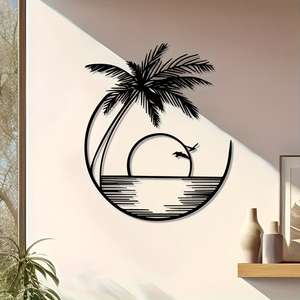Décoration <span class=keywords><strong>murale</strong></span> en métal gravée, thème Plage Tropicale avec palmiers et aigrettes au lever du soleil, pour environnement extérieur de plage (1 pièce) - Product Image 5
