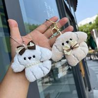 Pendentif chiot en peluche ODM, poupée caniche mignonne avec nœud, breloque décorative, porte-clés, accessoire de sac, jouet anti-stress en peluche