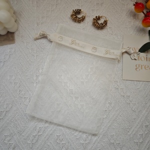 Beige Drawstring <strong>Organza</strong> Gift <strong>Pouch</strong> Custom <strong>Organza</strong> Packaging Bag With Printed Ribbon - Product Image 3