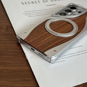Étui en métal sans cadre avec panneau arrière en bois de noyer tendance pour Samsung S26 S23 S24 S25 Ultra avec protection 360 °   Support magnétique, coque antichoc - Product Image 5