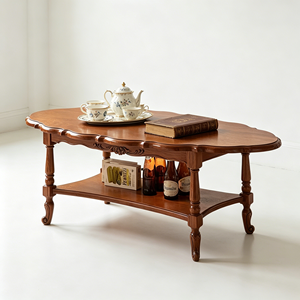 Table basse vintage française à 2 niveaux en bois, bord festonné avec pieds tournés pour salon - Product Image 1
