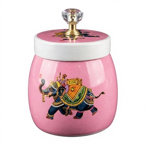 Pot de rangement de cuisine en métal rose avec imprimé éléphant indien traditionnel, récipient décoratif avec couvercle blanc et bouton doré - Product Image 1