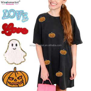 Camicia all'ingrosso abito <span class=keywords><strong>donna</strong></span> elegante pezza personalizzata <span class=keywords><strong>zucca</strong></span> fantasma ciniglia ricamata con paillettes corta abiti Casual <span class=keywords><strong>donna</strong></span> - Product Image 2