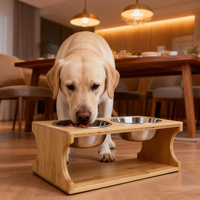 Support surélevé en bois robuste pour gamelles avec 2 bols en acier inoxydable – Supports de rangement pour aliments et eau pour chiens et chats