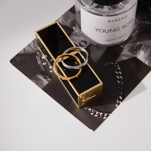 Bague double à motif géométrique, couleur or 18 carats et argent, diamant rond taille brillant, bijoux unisexe pour usage quotidien - Product Image 4