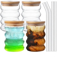 Verre à boire personnalisé en borosilicate, design ondulé, gobelet côtelé avec couvercles en bambou et pailles pour eau et café