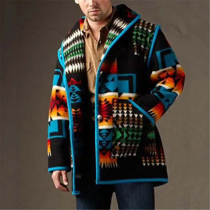 Veste polaire géométrique aztèque à capuche longue pour hommes manteau vintage du sud-ouest cardigan veste à col châle motif aztèque pour hommes