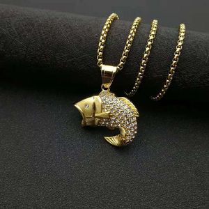 Collier pendentif poisson Koi en acier inoxydable plaqué or, incrusté de diamants, bijou fantaisie à thème animalier, cadeau - Product Image 3
