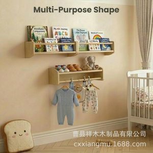 Wooden Wall <b>Shelf</b> Storage <b>Rack</b> For Children Room Bookshelf Organizer With Toys Display <b>Shelves</b> Rectangle Shape Retro Color - Product Image 3