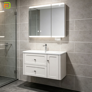 <span class=keywords><strong>Meuble</strong></span> de salle de bain mural en PVC étanche avec vasque simple, ensemble de <span class=keywords><strong>meuble</strong></span>-lavabo avec miroir LED anti-buée, mobilier de salle de bain - Product Image 1