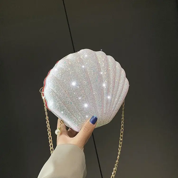 Wholesale Small sequin ladies shoulder bags cute shell shape women crossbody bags shining party handbags