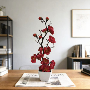 Bonsaï artificiel Paulon en fleurs de prunier, 27 cm de haut, pot en plastique, décoration pour la maison, le bureau ou la table. - Product Image 3