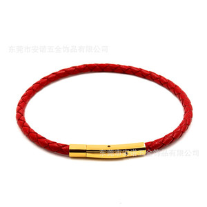 Woven Leather Cord <b>Bracelet</b> 3mm Stainless Steel Snap Clasp <b>Red</b> Black Unisex Jewelry Gift - Product Image 3