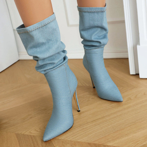 New Popular British Style Autumn and Winter Stiletto Heel Denim Women's <b>Boots</b> - Product Image 2