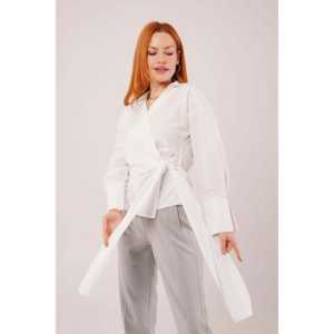<b>Wrap</b> Collar <b>White</b> Shirt Women Poplin Office Button Down Blouse With Side Tie Detail - Product Image 4