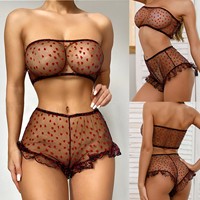 Emballage Discret Lingerie Sexy Femme Haut Bandeau Cœur Rouge Short Taille Haute en Maille Transparente à Volants Lune de Miel