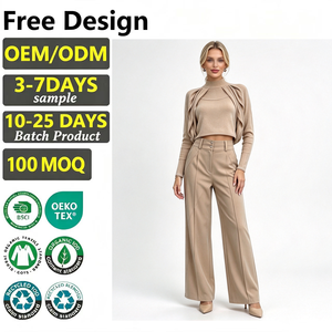 Conjunto de punto para mujer: Top corto de cuello simulado y pantalones de pierna ancha de cintura alta, ropa elegante de ocio, prenda personalizada para mujer - Product Image 1